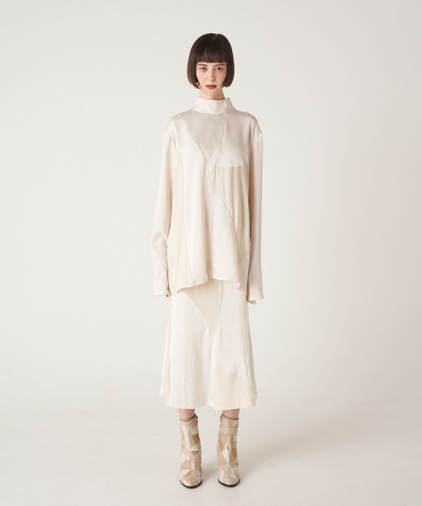 CURVED PATCHWORK SATIN BLOUSE 詳細画像 BLACK 7